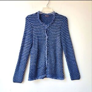 J. McLaughlin Blue and Black Fringe Sweater Sz Small